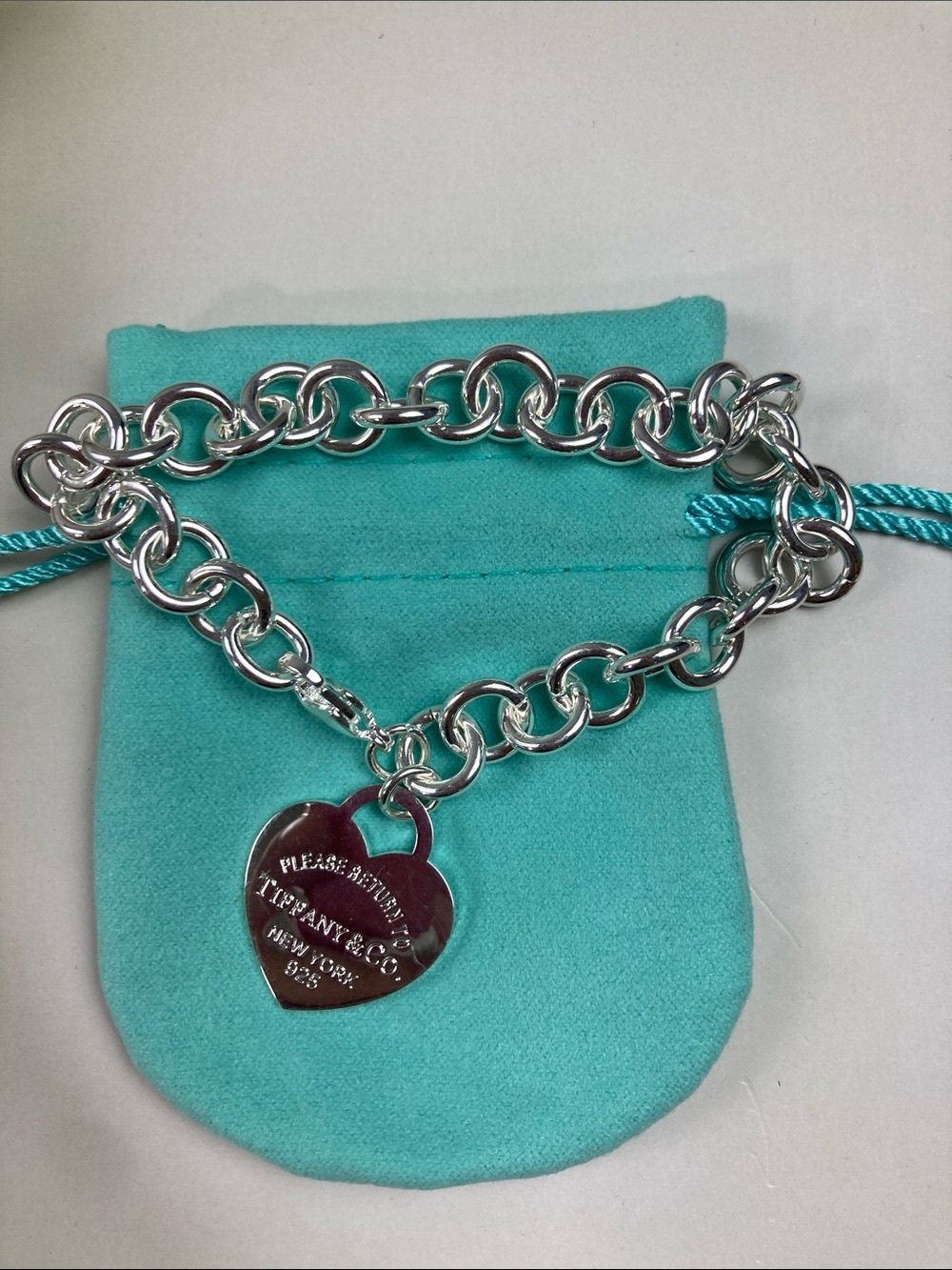 Tiffany & Co. Silver Heart Tag Link Bracelet in Turquoise